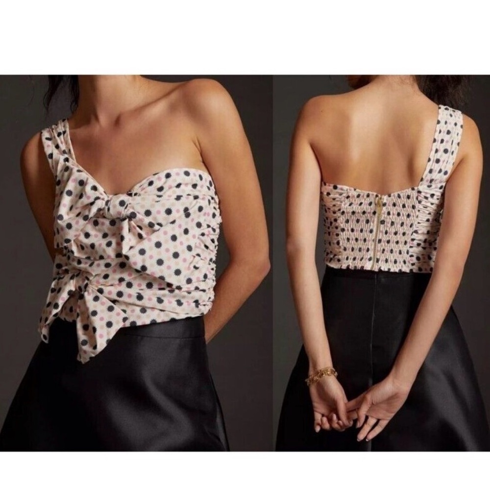 Anthropologie MAEVE Bow-Tie One Shoulder Top Cream Pink Black Boho Zip